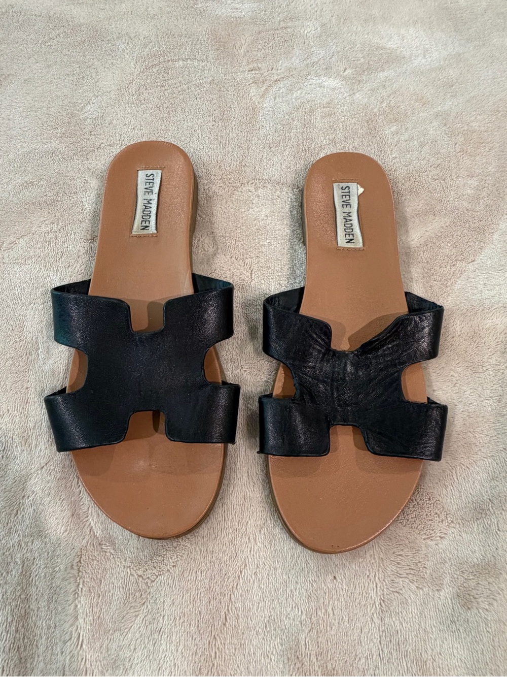 Steve Madden Black Leather Double-Strap Slide Sandals Size 7